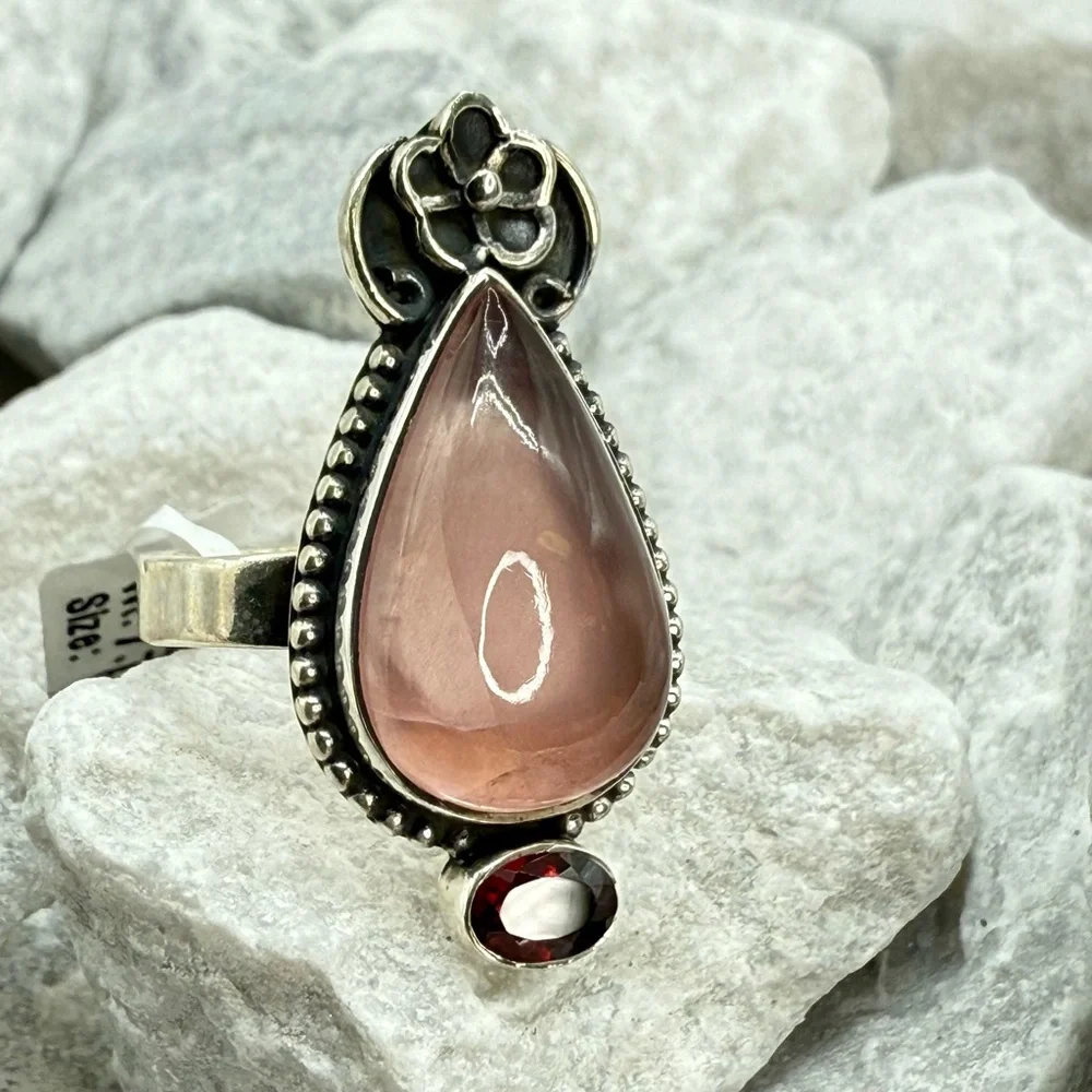 NWT Sterling Silver Rose Quartz & Garnet Ring Size 9 Southwestern Boho 925